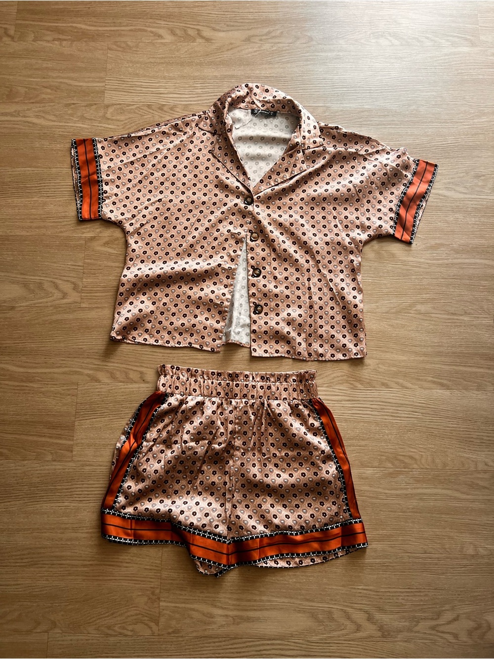 Peach Printed Short-Sleeve  Set with Orange Trim